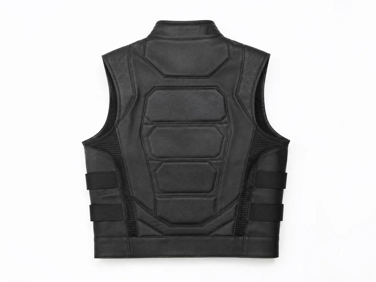 Men’s Black Leather Armored Vest – Tactical Motorcycle Style Zip-Up Biker Vest