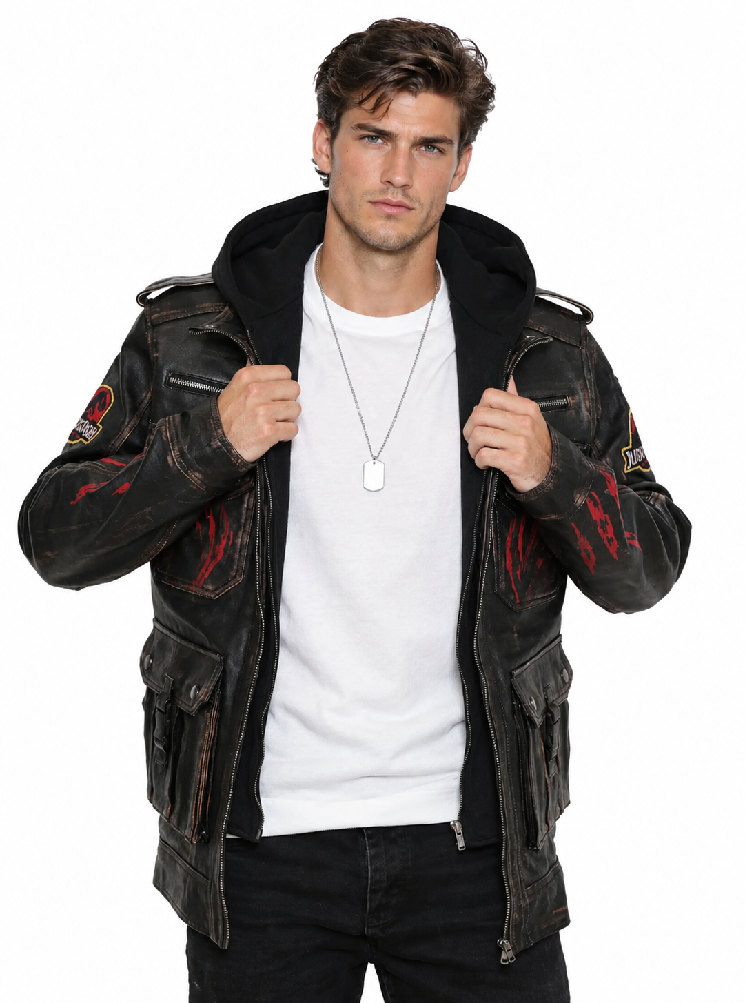 Jurassic Park Distressed Dark Brown Real Leather Jacket – Premium Hooded Biker Style