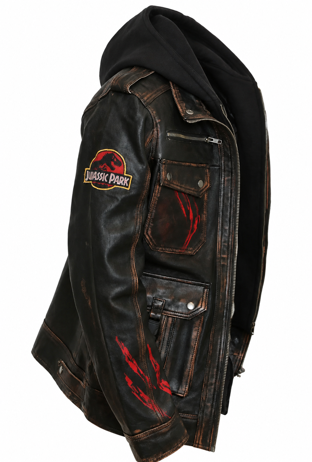 Jurassic Park Distressed Dark Brown Real Leather Jacket – Premium Hooded Biker Style