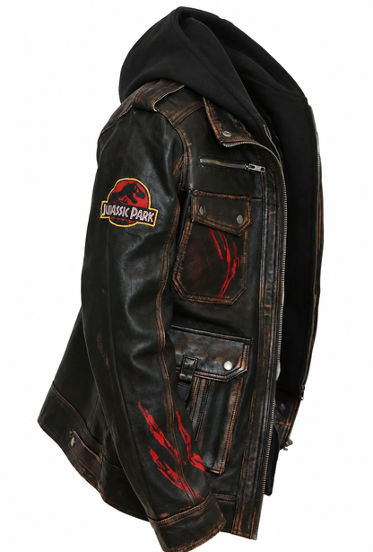 Jurassic Park Distressed Dark Brown Real Leather Jacket – Premium Hooded Biker Style