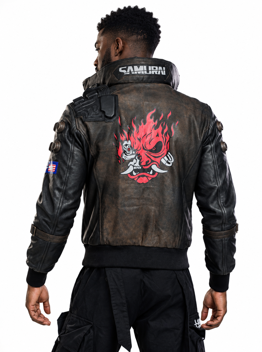 Cyberpunk Samurai Leather Jacket – Men’s Vintage Distressed Bomber Jacket