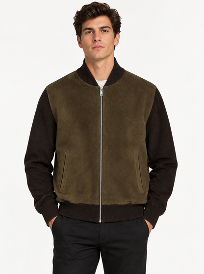 Olive Green Suede & Wool Bomber Jacket – Men