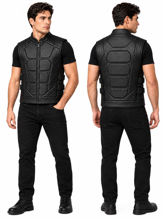 Men’s Black Leather Armored Vest – Tactical Motorcycle Style Zip-Up Biker Vest