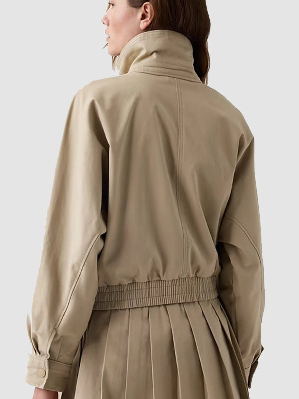 Women’s Vintage High-Neck Beige Bomber Jacket – Hem Casual Windbreaker