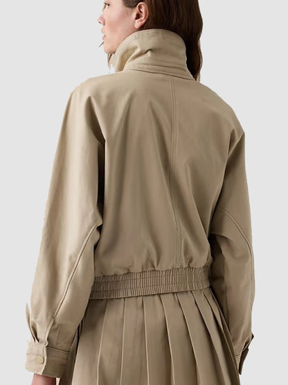 Women’s Vintage High-Neck Beige Bomber Jacket – Hem Casual Windbreaker