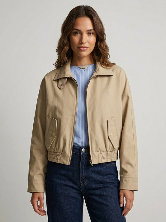 Women’s Vintage High-Neck Beige Bomber Jacket – Hem Casual Windbreaker