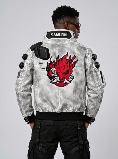 Cyberpunk Samurai White Leather Jacket – Futuristic Tactical Streetwear