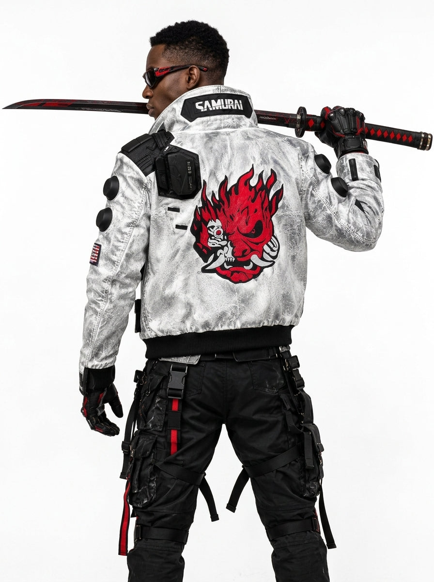 Cyberpunk Samurai White Leather Jacket – Futuristic Tactical Streetwear