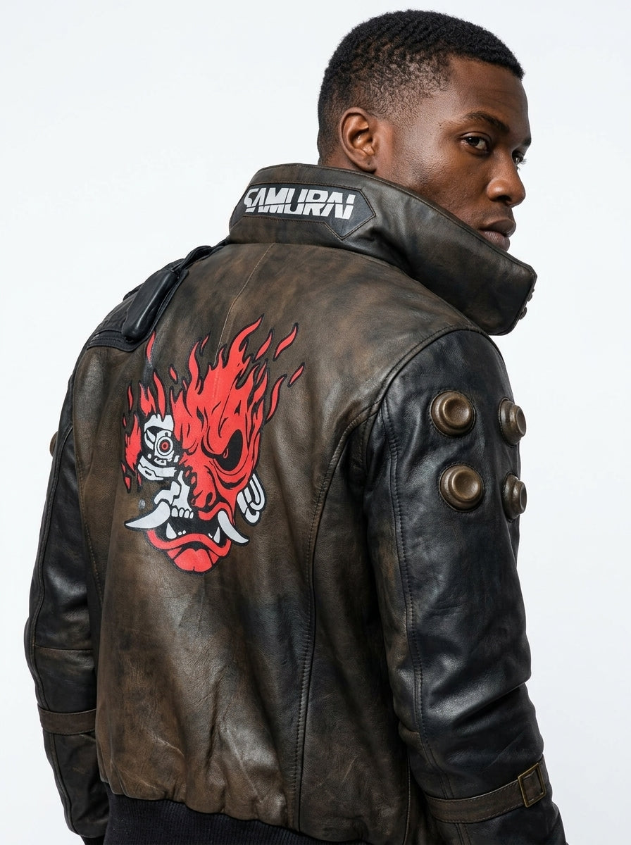 Cyberpunk Samurai Leather Jacket – Men’s Vintage Distressed Bomber Jacket