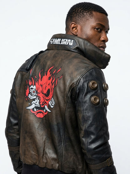 Cyberpunk Samurai Leather Jacket – Men’s Vintage Distressed Bomber Jacket