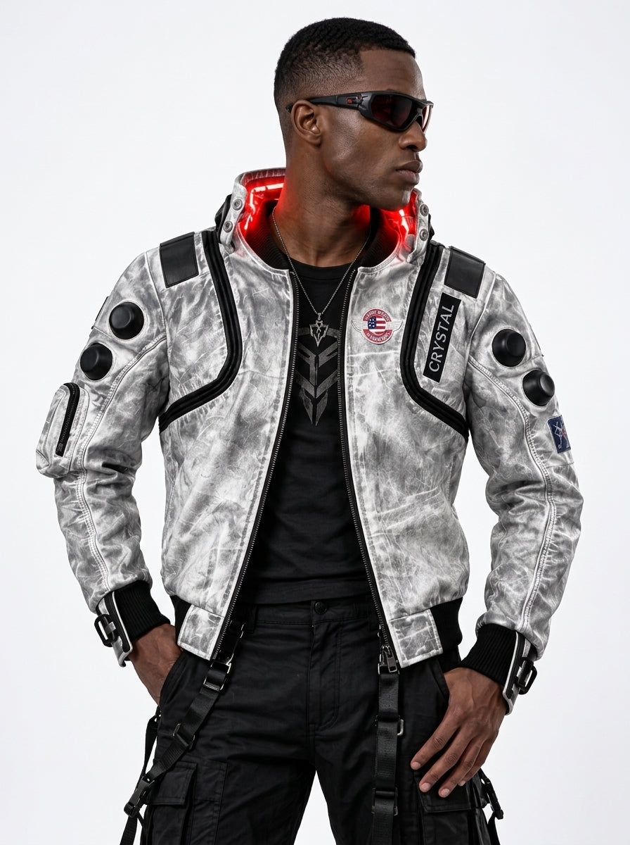 Cyberpunk Samurai White Leather Jacket – Futuristic Tactical Streetwear