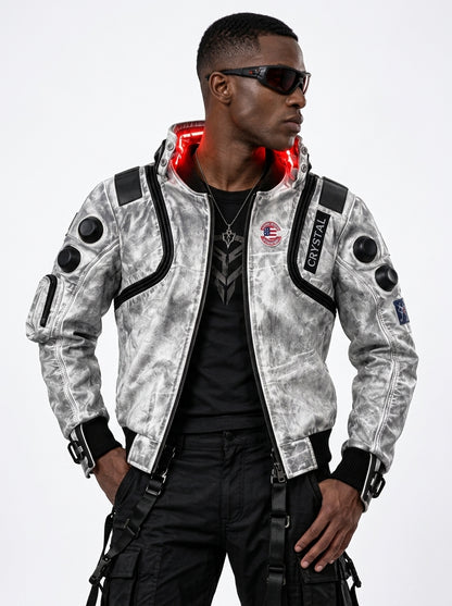 Cyberpunk Samurai White Leather Jacket – Futuristic Tactical Streetwear