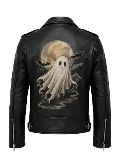 Ghost Print Halloween Black Leather Jacket