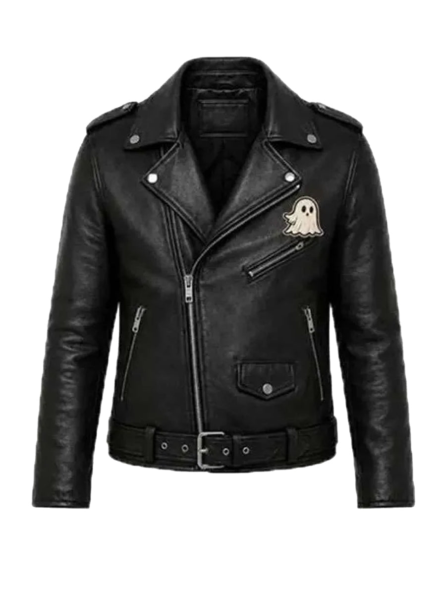 GhostPrintHalloweenBlackBikerLeatherJacket