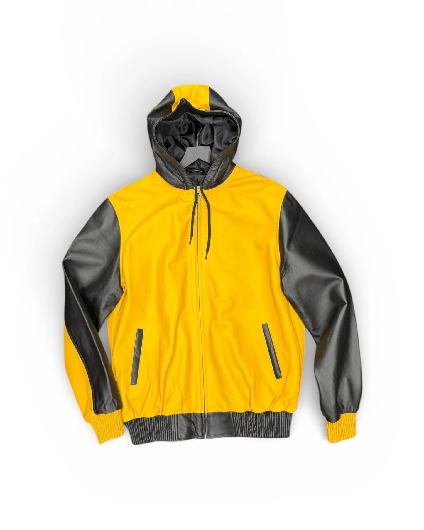 Men’s Real Leather Hooded Jacket – Black & White / Mustard & Black | Premium Zip-Up Streetwear Jacket | EXOROAR