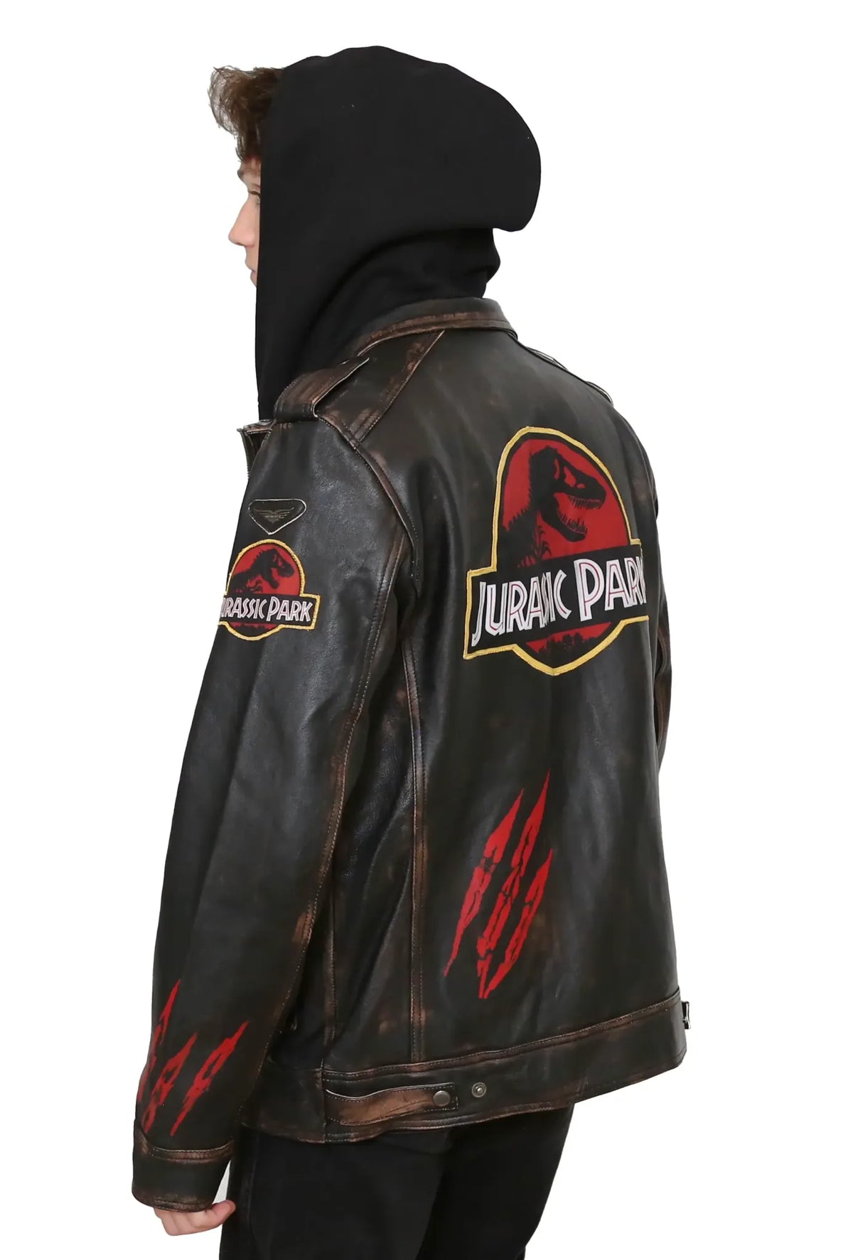 Jurassic Park Distressed Dark Brown Real Leather Jacket – Premium Hooded Biker Style