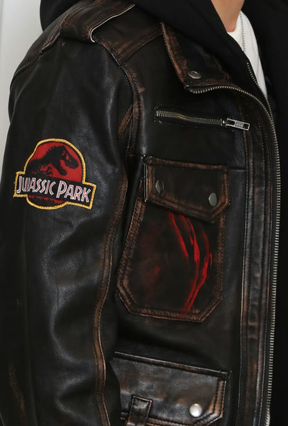 Jurassic Park Distressed Dark Brown Real Leather Jacket – Premium Hooded Biker Style