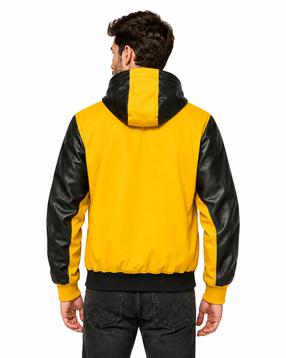 Men’s Real Leather Hooded Jacket – Black & White / Mustard & Black | Premium Zip-Up Streetwear Jacket | EXOROAR