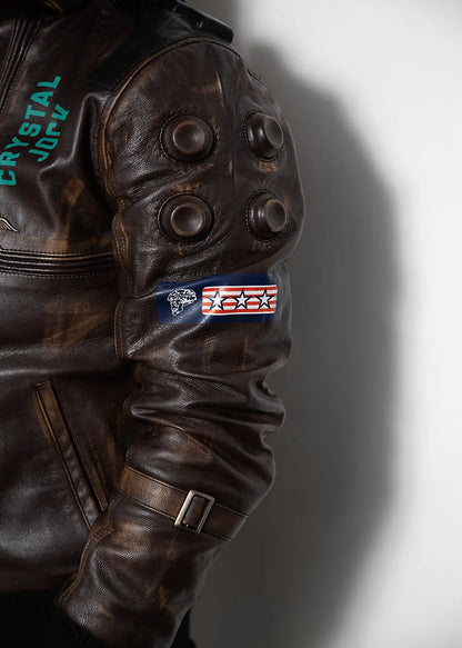 Cyberpunk Samurai Leather Jacket – Men’s Vintage Distressed Bomber Jacket