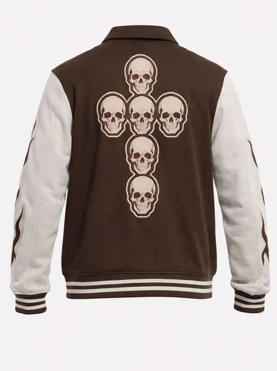 Skull and Wings Halloween Brown and Off White Varsity  Jacket