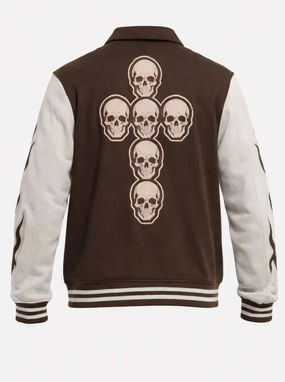 Skull and Wings Halloween Brown and Off White Varsity  Jacket