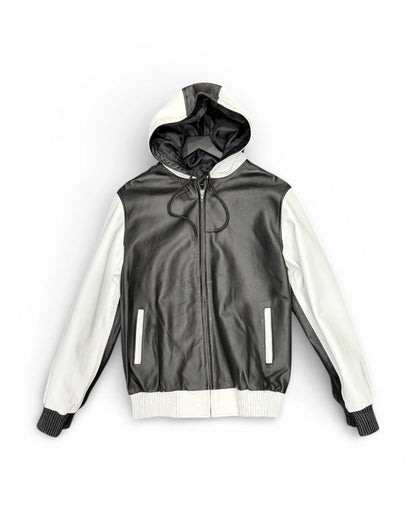 Men’s Real Leather Hooded Jacket – Black & White / Mustard & Black | Premium Zip-Up Streetwear Jacket | EXOROAR