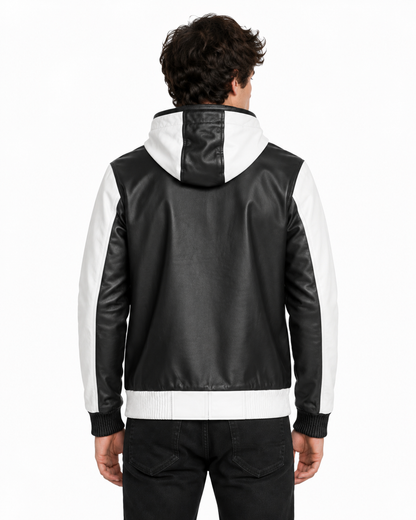 Men’s Real Leather Hooded Jacket – Black & White / Mustard & Black | Premium Zip-Up Streetwear Jacket | EXOROAR