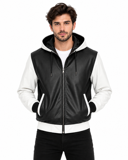 Men’s Real Leather Hooded Jacket – Black & White / Mustard & Black | Premium Zip-Up Streetwear Jacket | EXOROAR