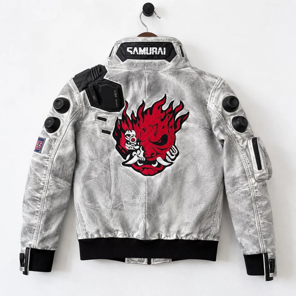 Cyberpunk Samurai White Leather Jacket – Futuristic Tactical Streetwear
