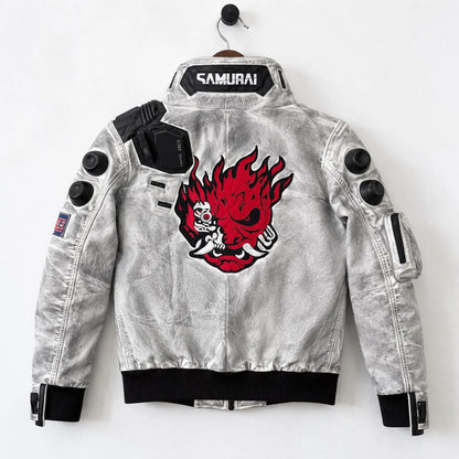 Cyberpunk Samurai White Leather Jacket – Futuristic Tactical Streetwear
