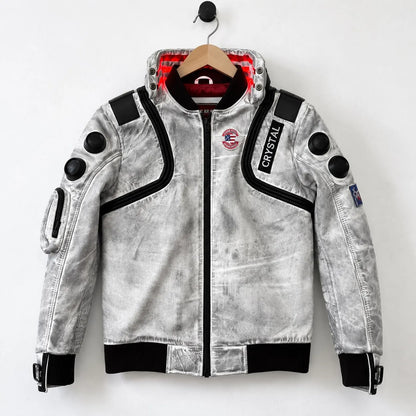 Cyberpunk Samurai White Leather Jacket – Futuristic Tactical Streetwear