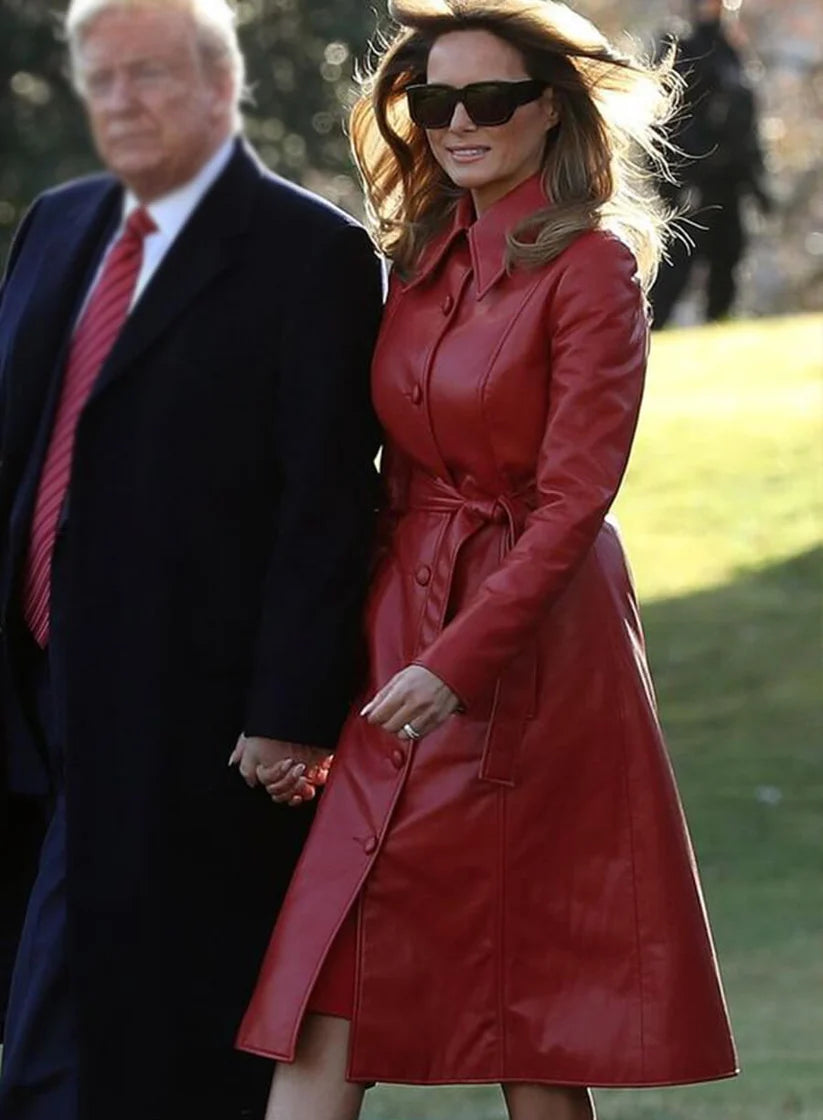 Melania Trump Inspired Red Leather Coat – Women’s Premium Real Leather Belted Trench | EXOROAR