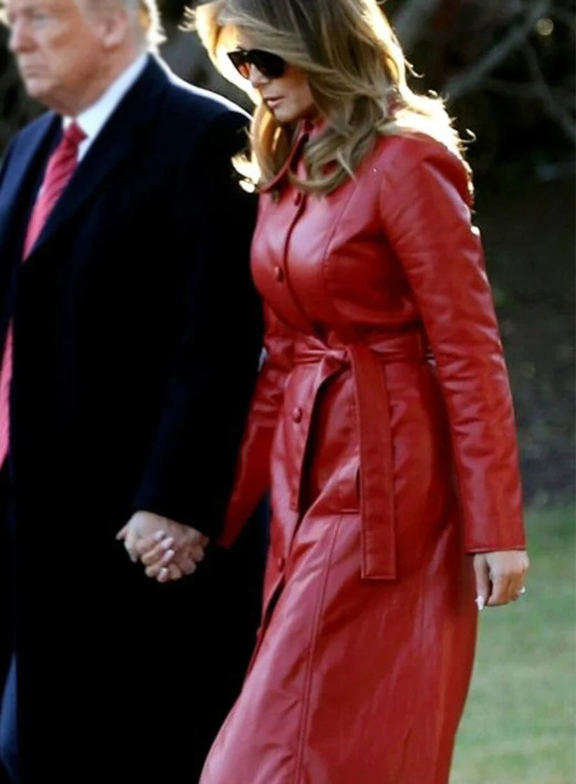 Melania Trump Inspired Red Leather Coat – Women’s Premium Real Leather Belted Trench | EXOROAR