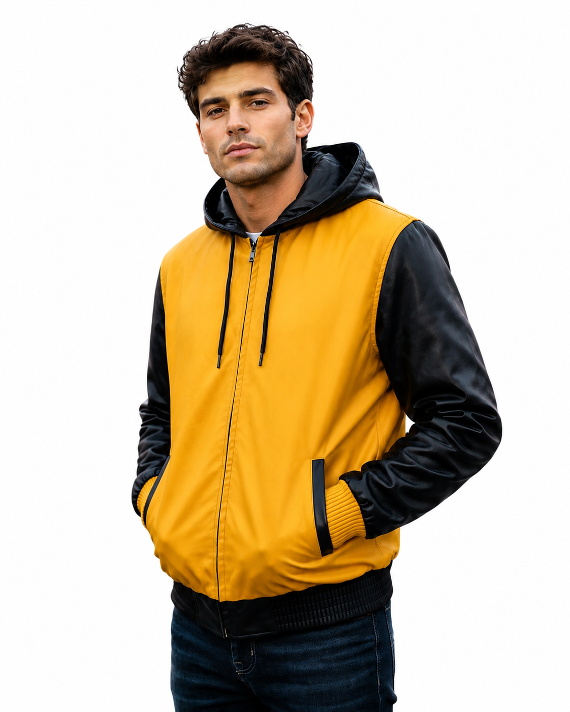 Men’s Real Leather Hooded Jacket – Black & White / Mustard & Black | Premium Zip-Up Streetwear Jacket | EXOROAR